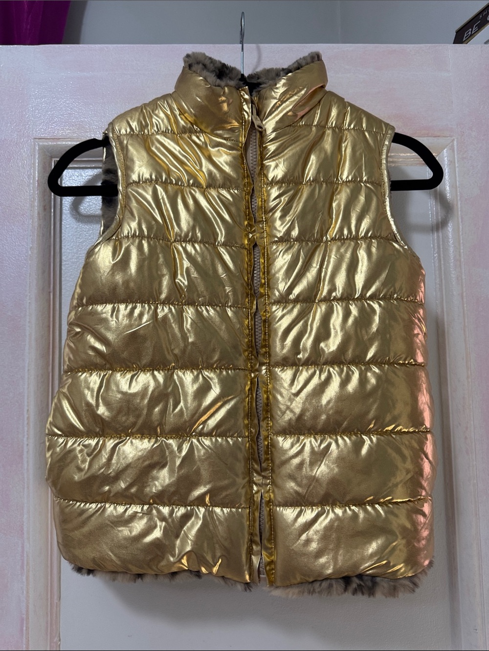 REVERSIBLE Gold Quilted Puffer/ Faux Fur Leopard Vest